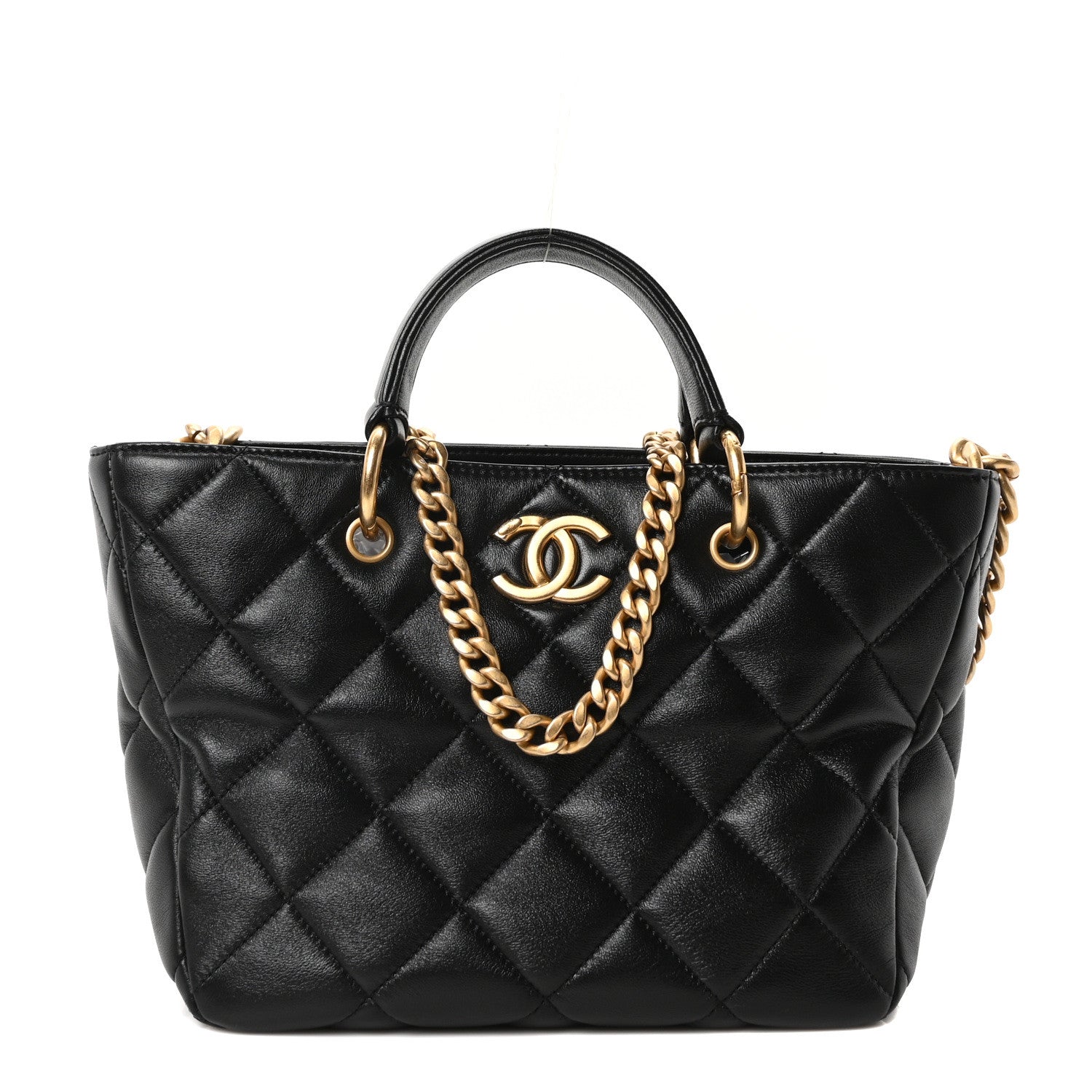 Chanel Lambskin Quilted Small Top Handle Shopping Bag Black