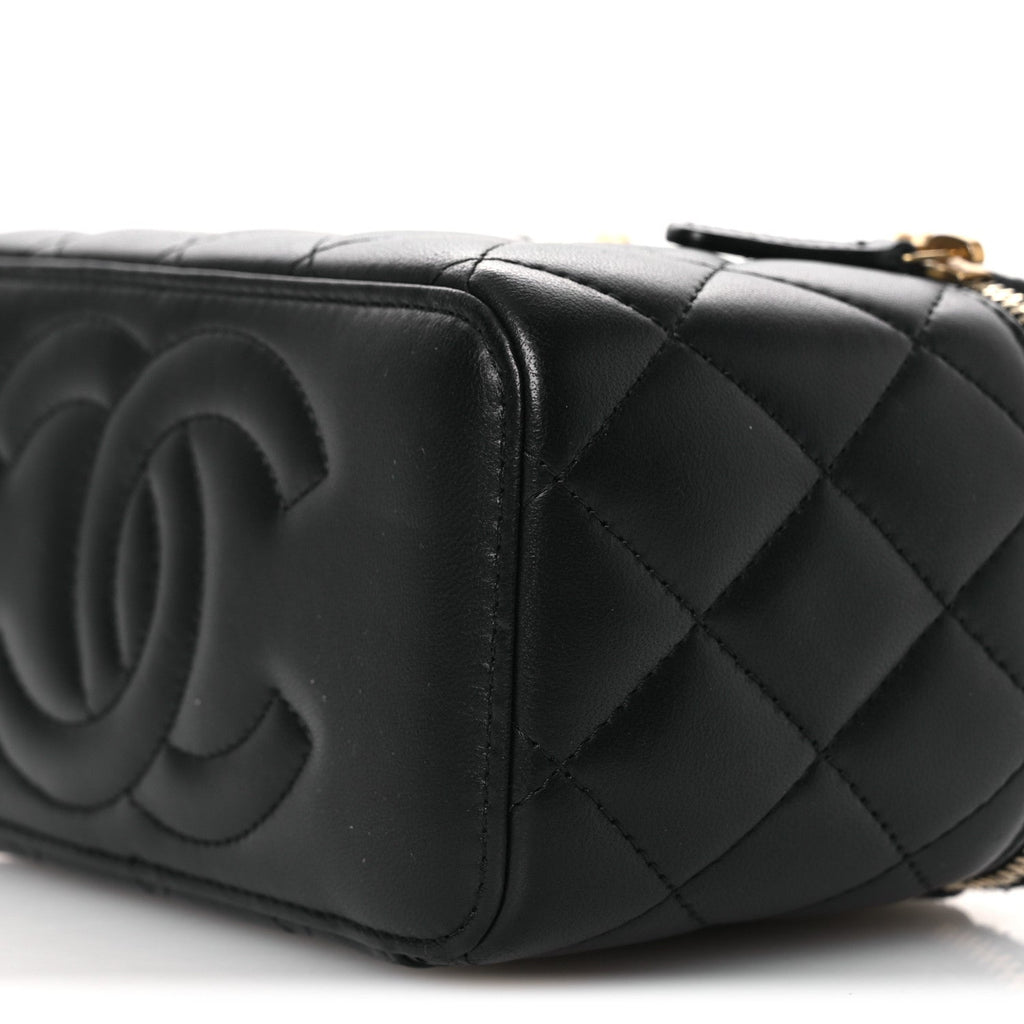 Chanel Lambskin Quilted Camellia Vanity Case Black