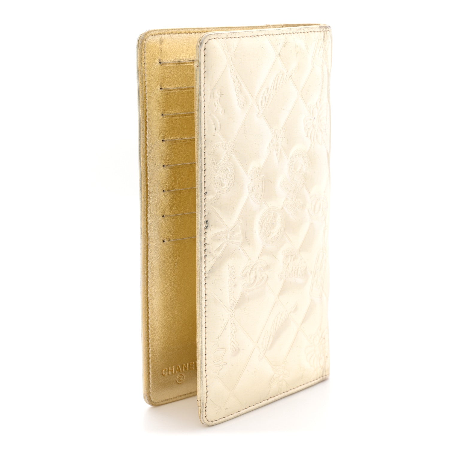 Metallic Patent Calfskin Quilted Lucky Symbols Yen Wallet Gold