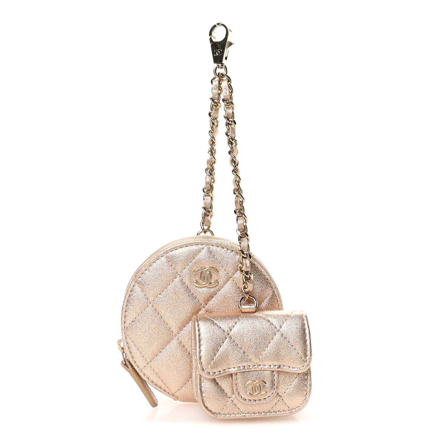 Metallic Lambskin Quilted Round Clip On Coin Purse Airpods Case Gold