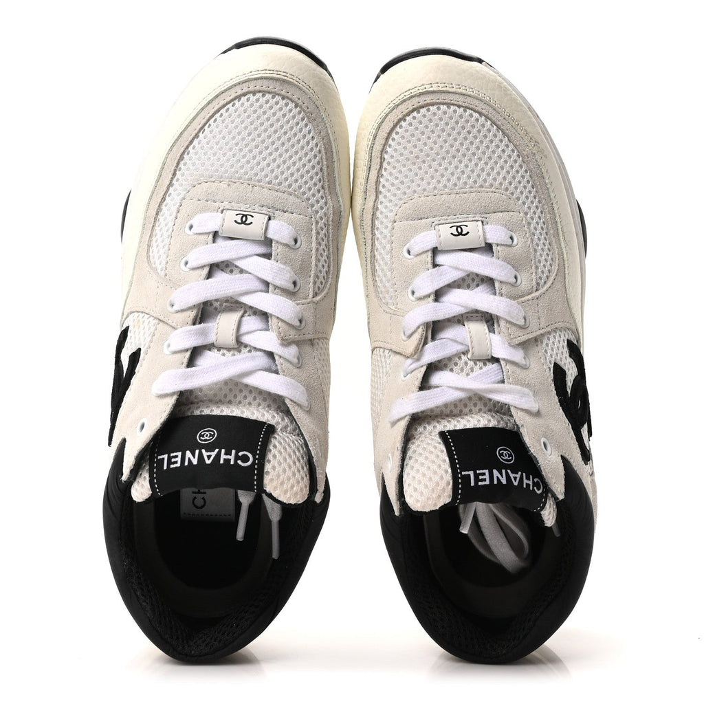 Mesh Suede Grained Calfskin Womens CC Sneakers 39 White Black