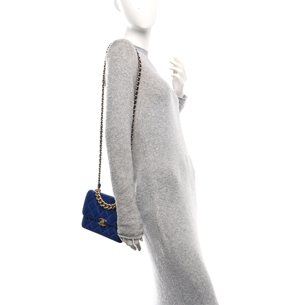 Chanel Calfskin Quilted Small Dual Handle Chain Flap Bag  Blue