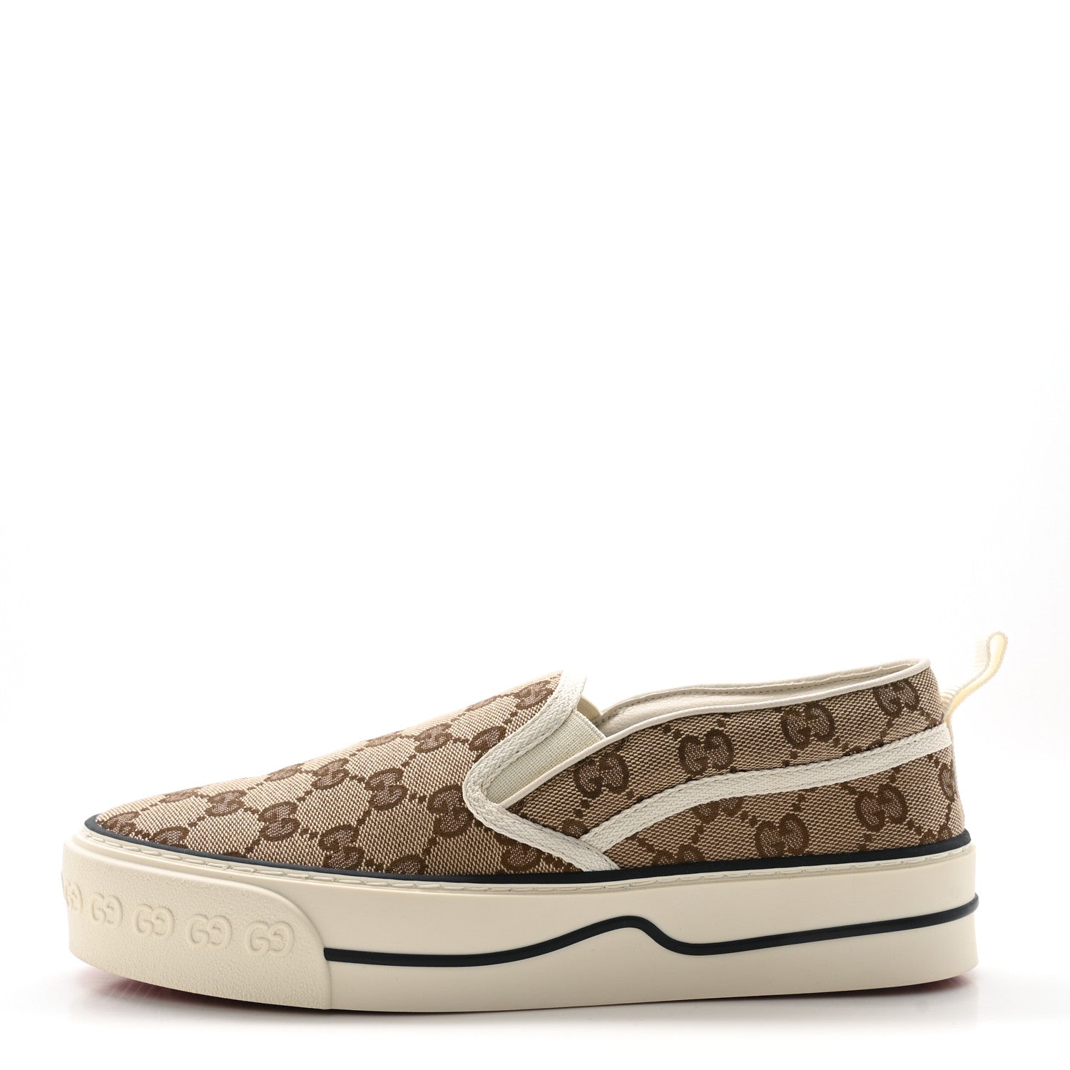 Gucci GG Monogram Womens 1977 Tennis Slip On 30mm Sneakers 38.5 Beige Ebony Mystic White