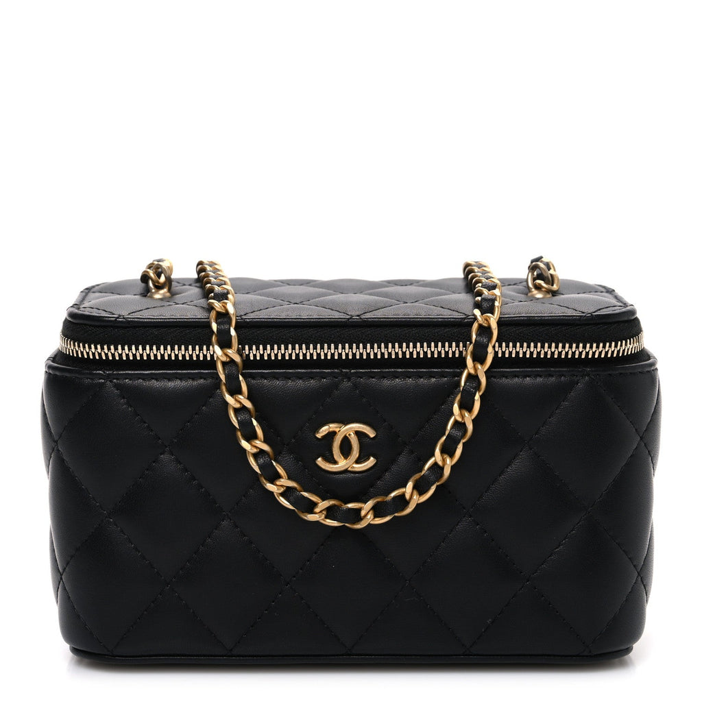 Chanel Lambskin Quilted Pearl Crush Small Vanity Case With Chain Black