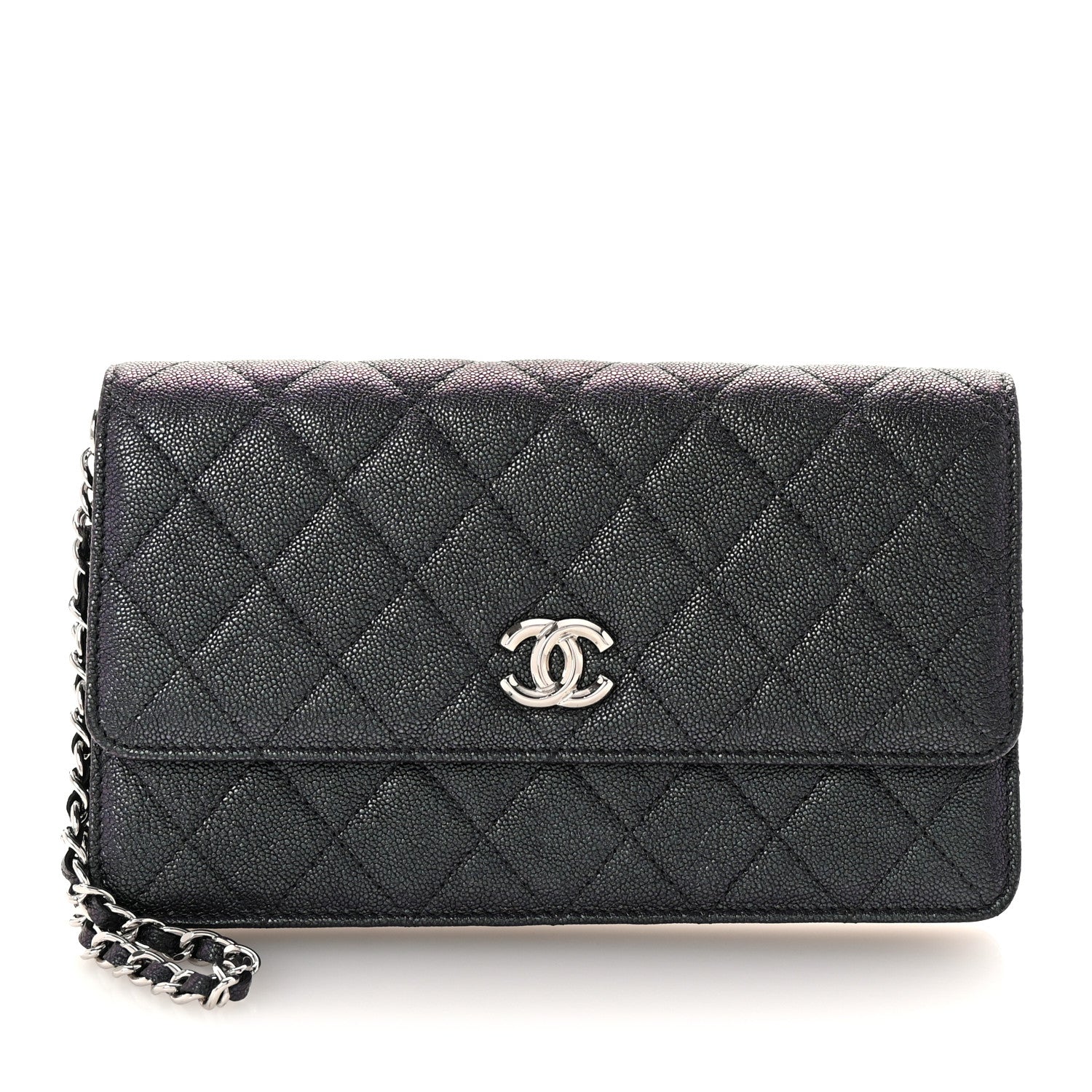 Iridescent Caviar Quilted Classic Pouch Clutch Black