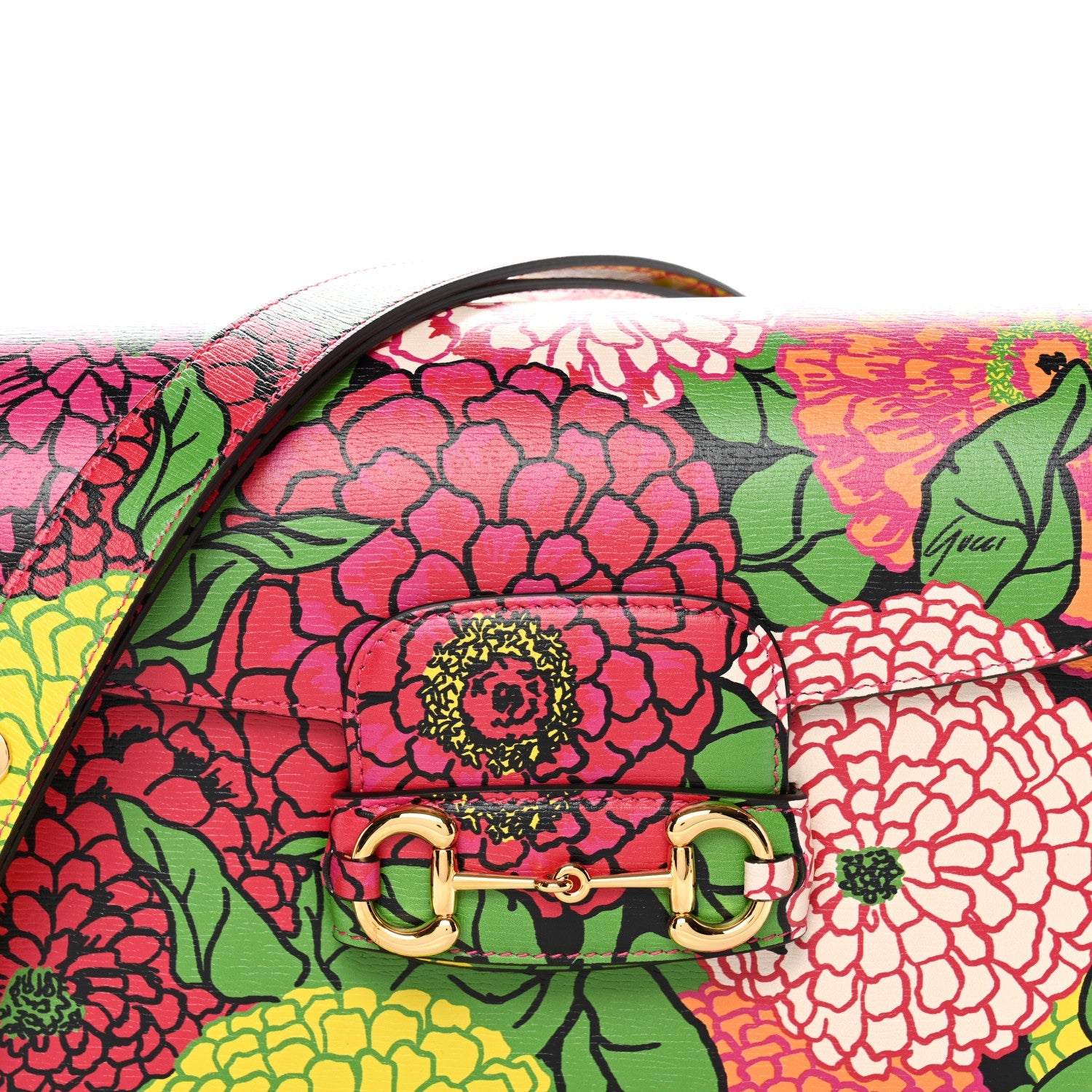 Gucci X KEN SCOTT New Shangai Calfskin Pomponica Print Horsebit 1955 Shoulder Bag  Multicolor Fuxia Pompon