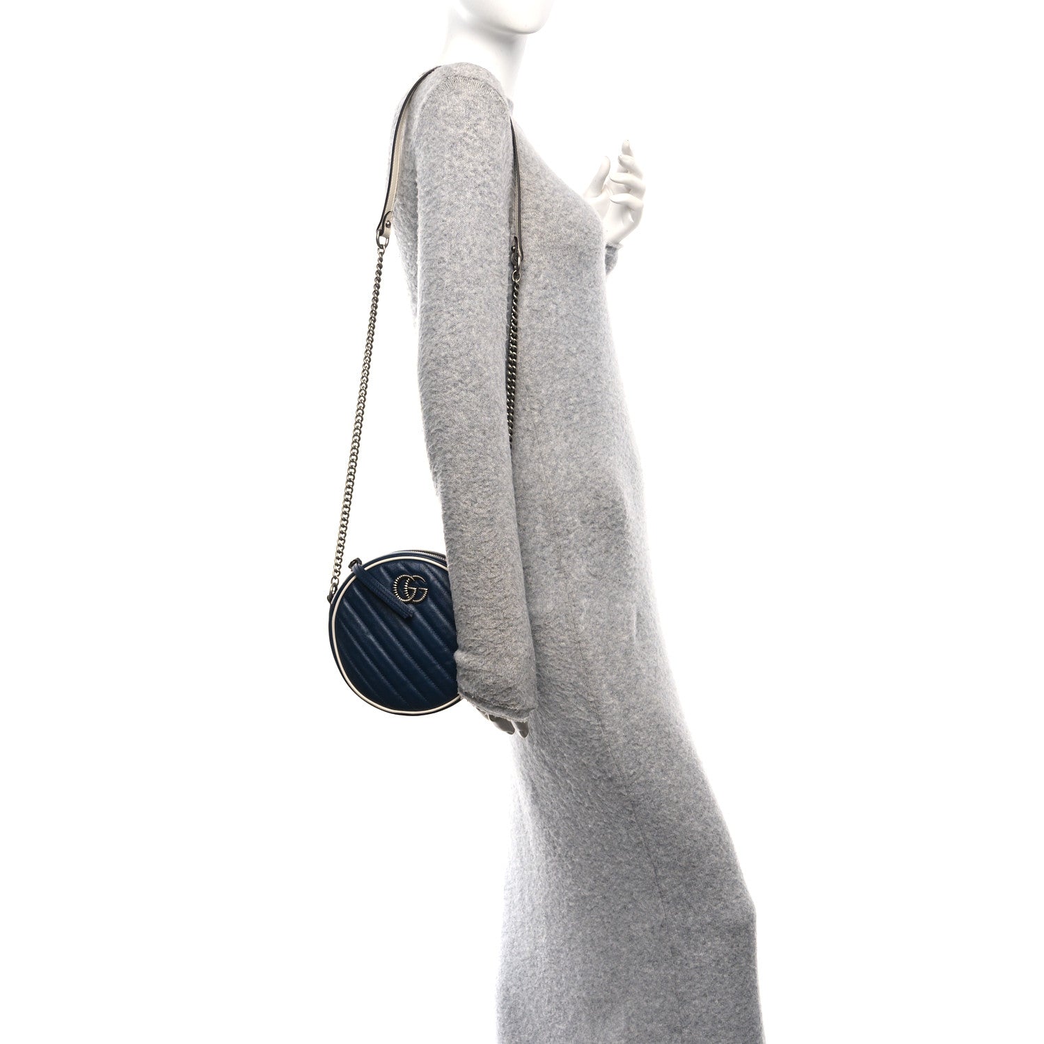 Gucci Azalea Calfskin Matelasse Diagonal Mini Torchon GG Marmont Round Shoulder Bag Blue Agata Mystic White