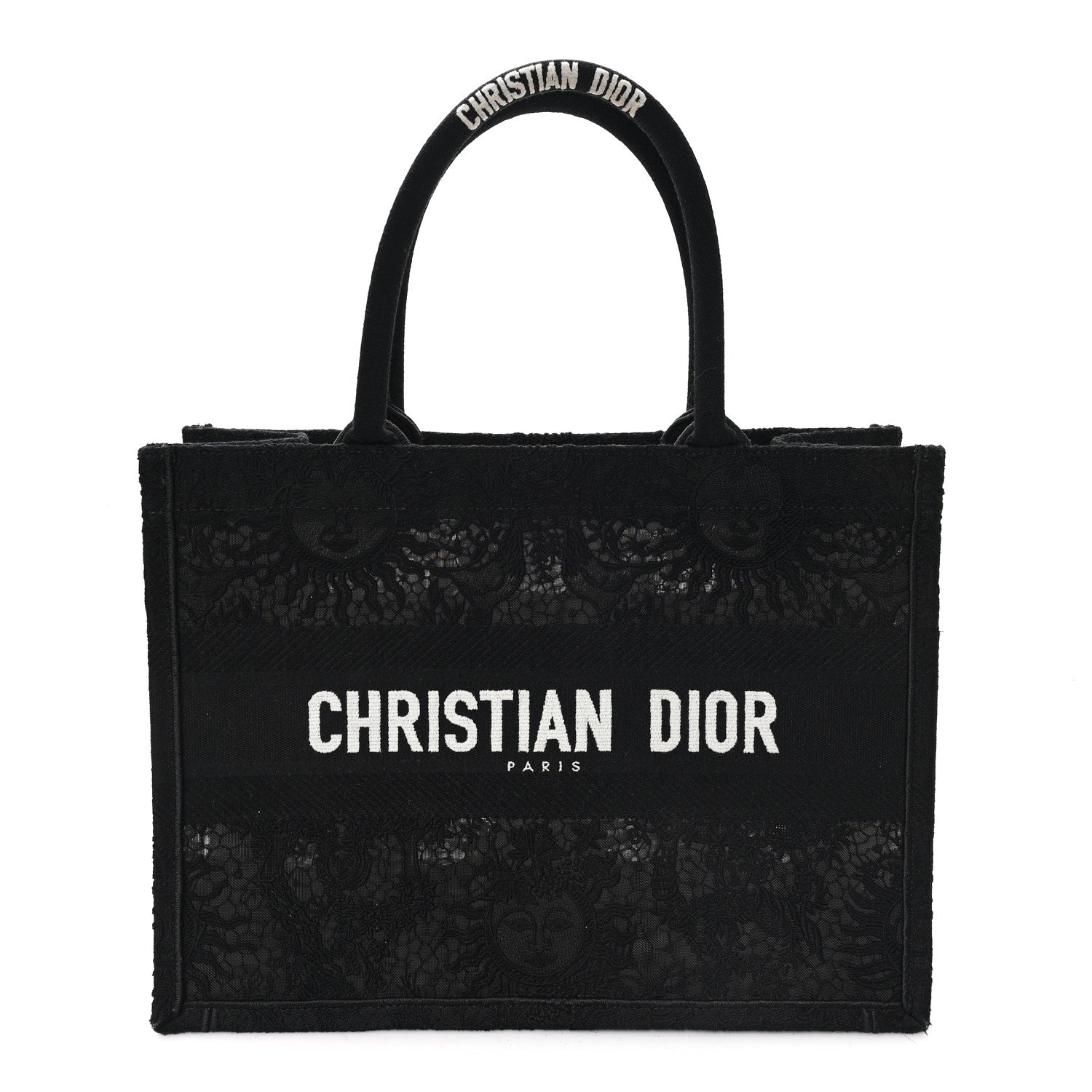 Christian Dior Canvas Embroidered Mesh Macrame Medium Toile de Jouy Soleil Book Tote Black
