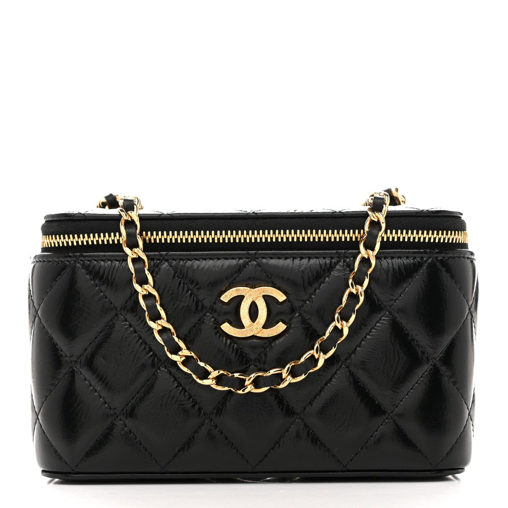 Chanel Shiny Lambskin Quilted Small Vanity Case With Chain Black