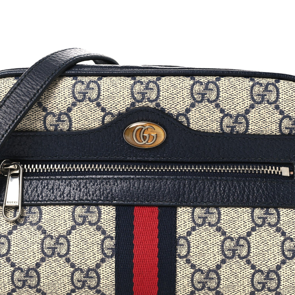 Gucci GG Supreme Monogram Textured Dollar Calfskin Web Mini Ophidia Shoulder Bag Beige Blue