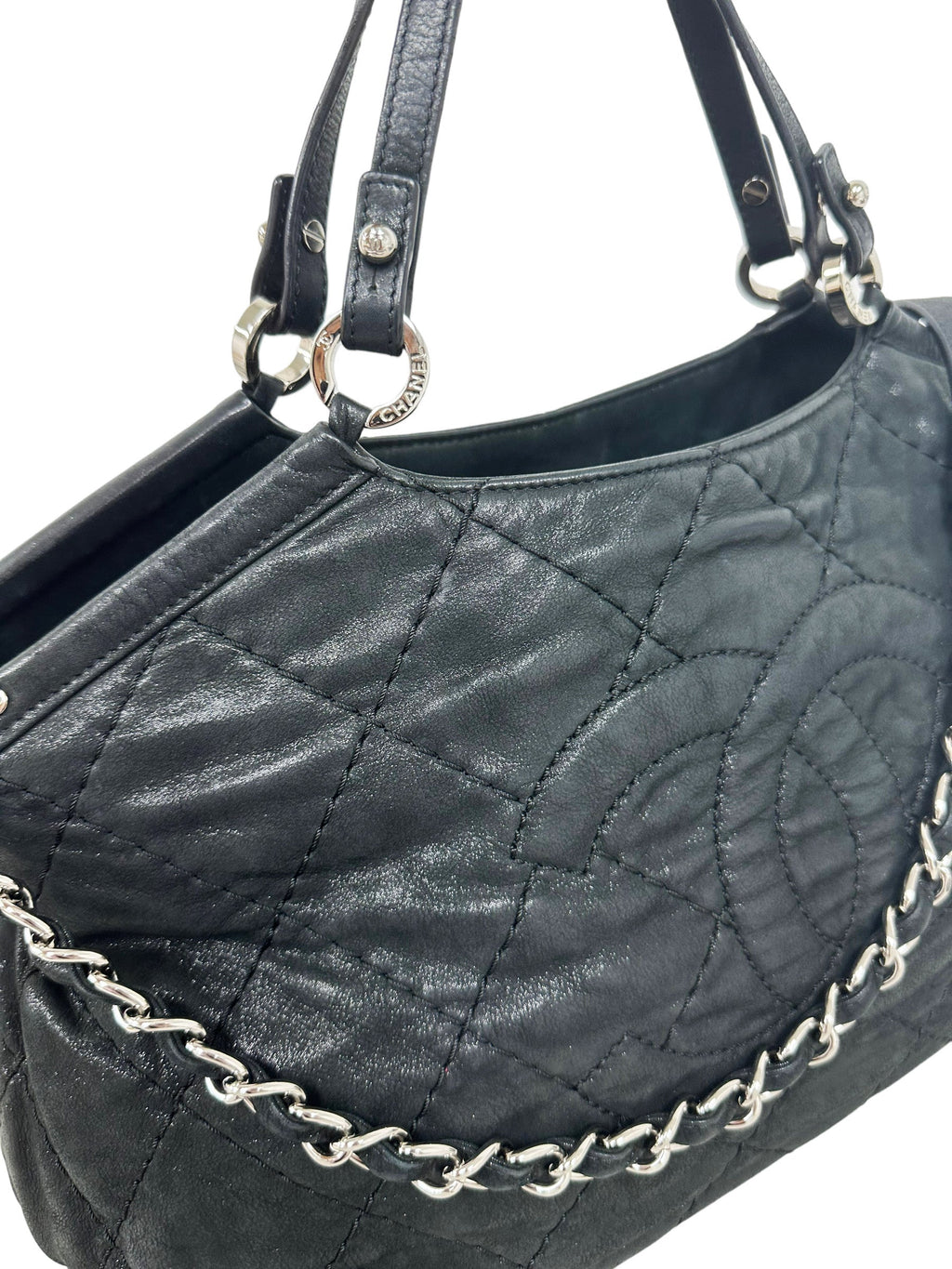 Chanel Matelasse Quilted Black Shimmer Leather Chain Shoulder Tote Bag