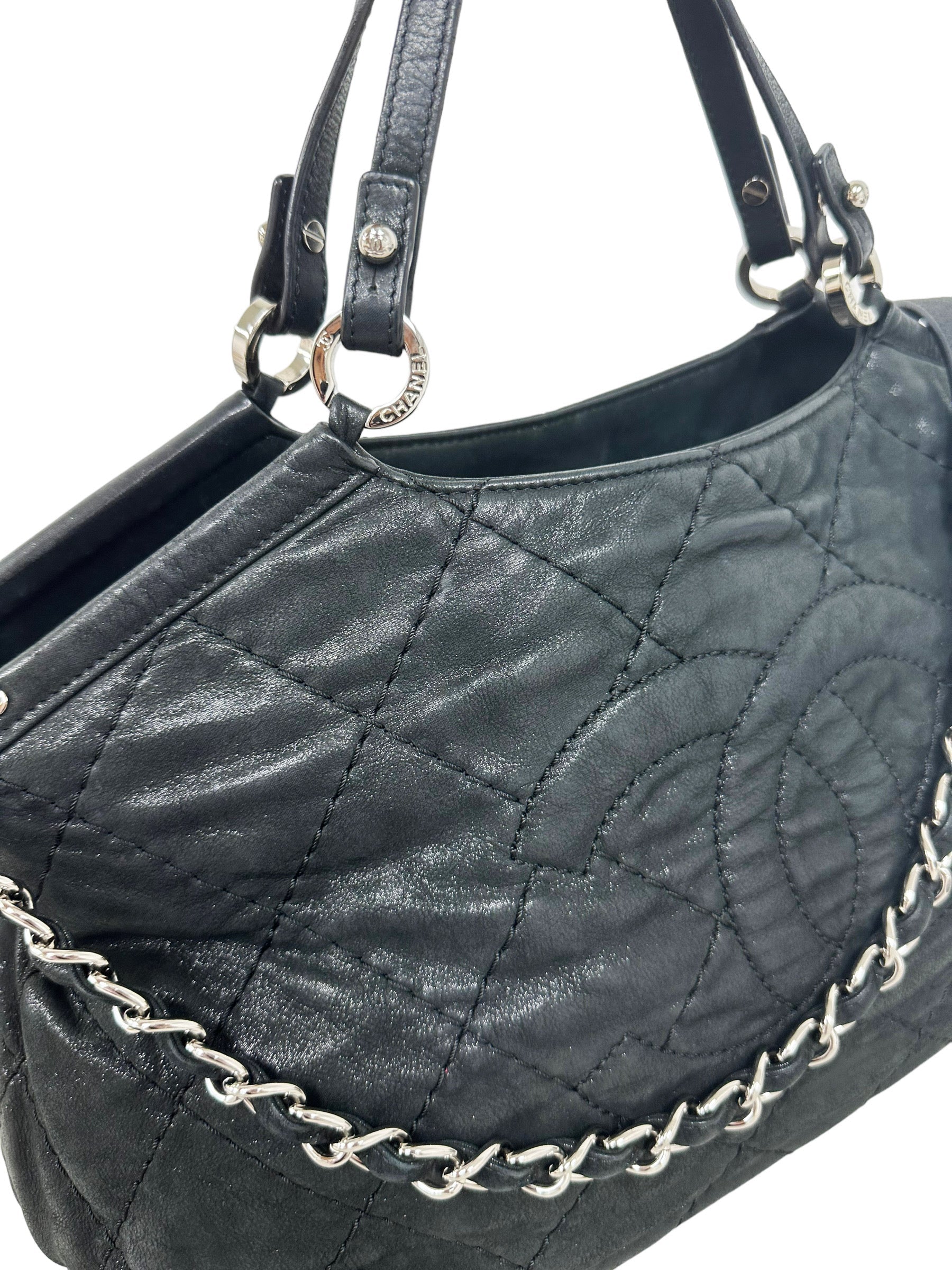 Chanel Matelasse Quilted Black Shimmer Leather Chain Shoulder Tote Bag