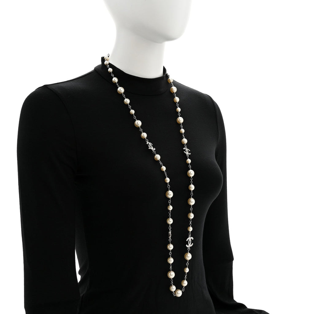 Metal Pearl Crystal Bead CC Long Necklace Black Silver
