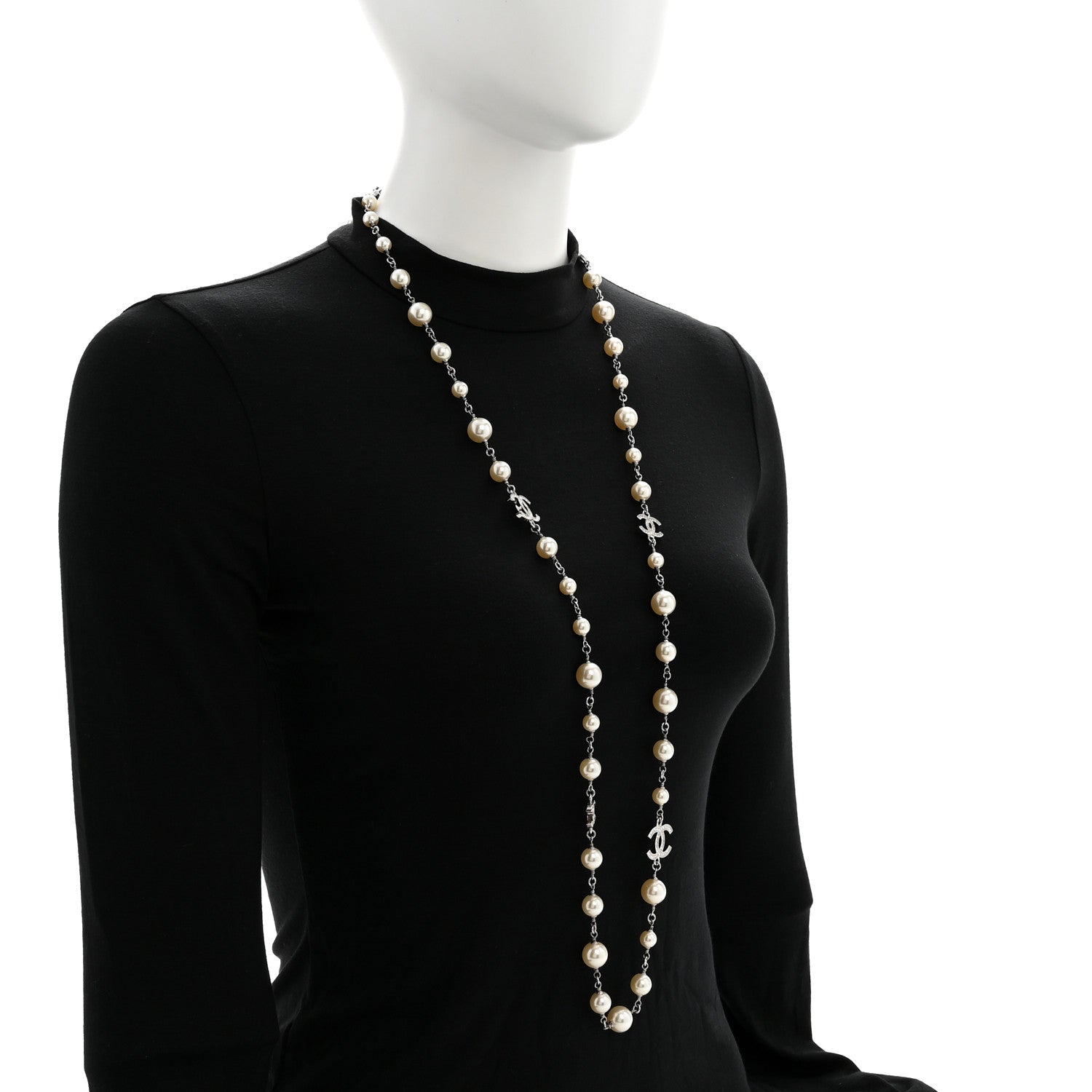 Metal Pearl Crystal Bead CC Long Necklace Black Silver