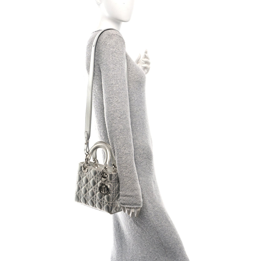 Christian Dior Metallic Grained Calfskin Cannage Small Lucky Badges My Lady Dior Silver