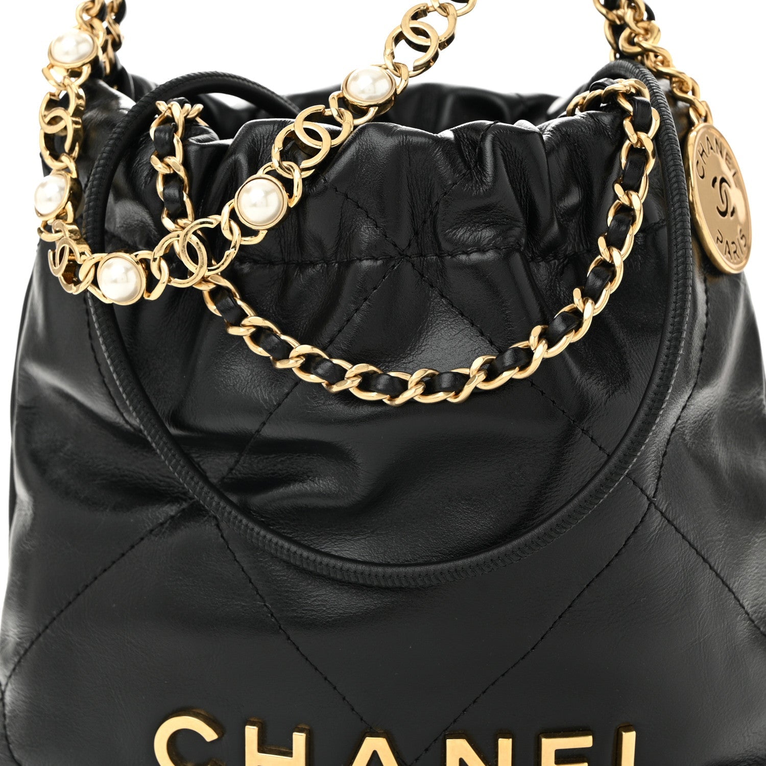 Chanel Shiny Calfskin Quilted Pearl CC Chain Mini Chanel 22 Black