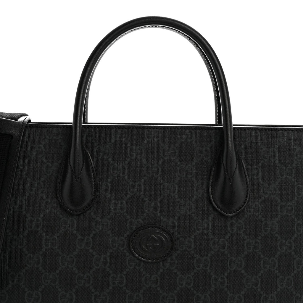 Gucci GG Supreme Monogram Azalea Calfskin Web Medium Retro Interlocking G Vertical Tote Bag Black