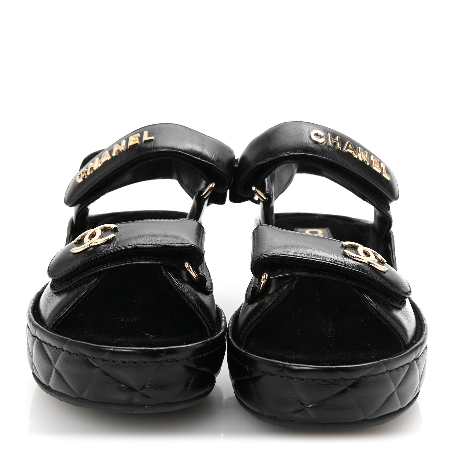 Chanel Shiny Calfskin Logo Platform Sandals 37 Black