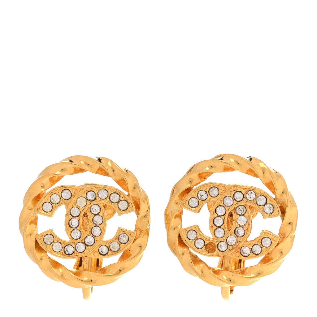 Crystal CC Round Clip On Earrings Gold