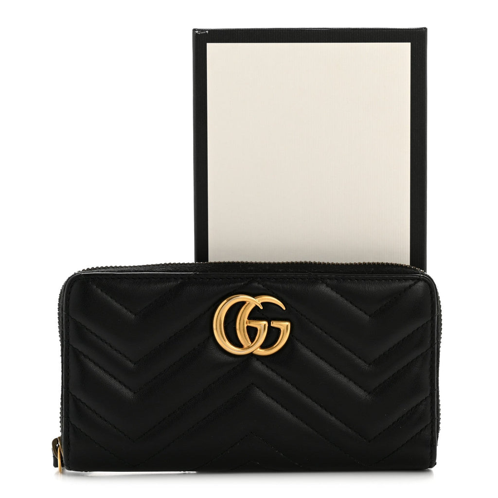 Gucci Calfskin Matelasse GG Marmont Zip Around Organizer Wallet Black