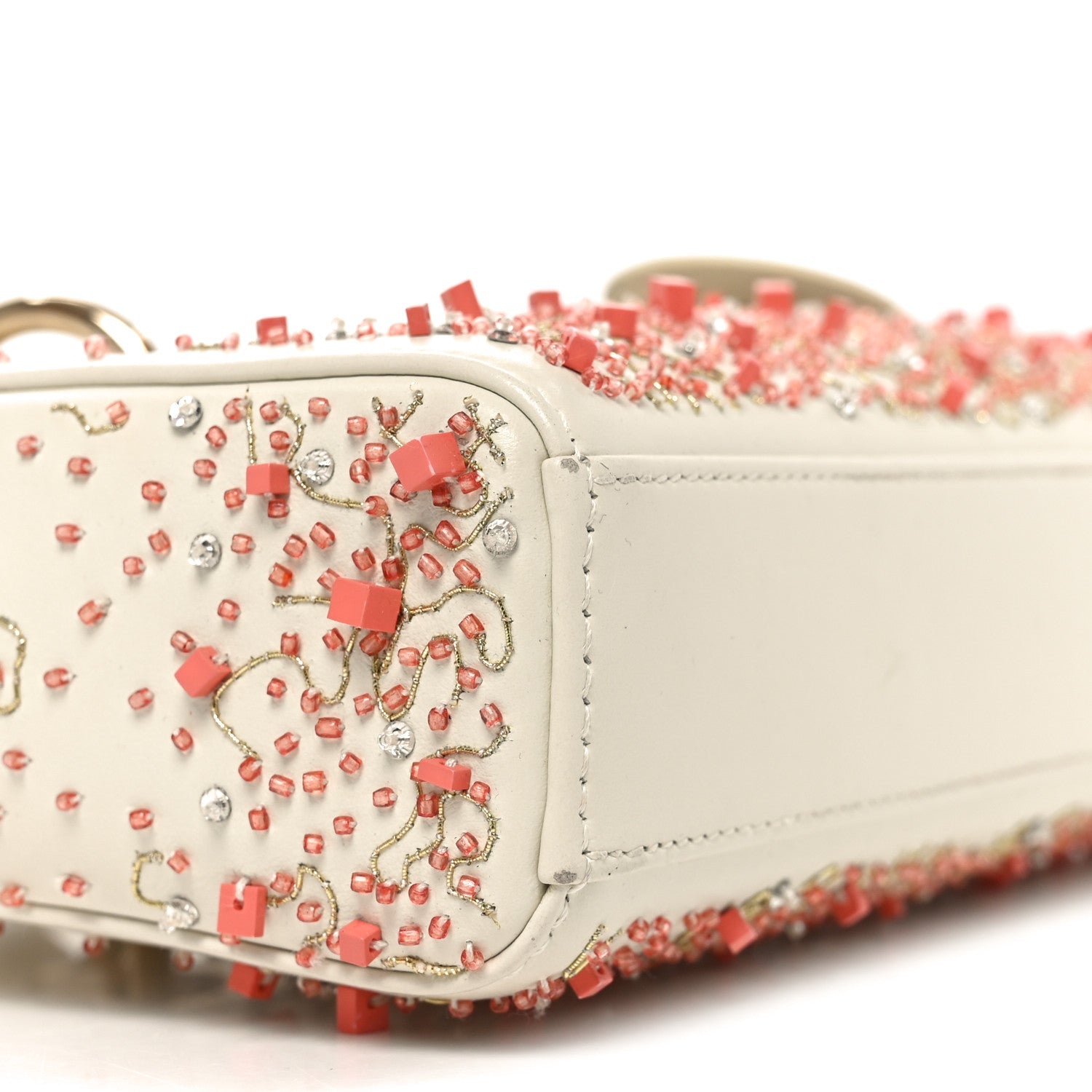 Christian Dior Calfskin Embroidered Small Lady D-Joy White Multicolor