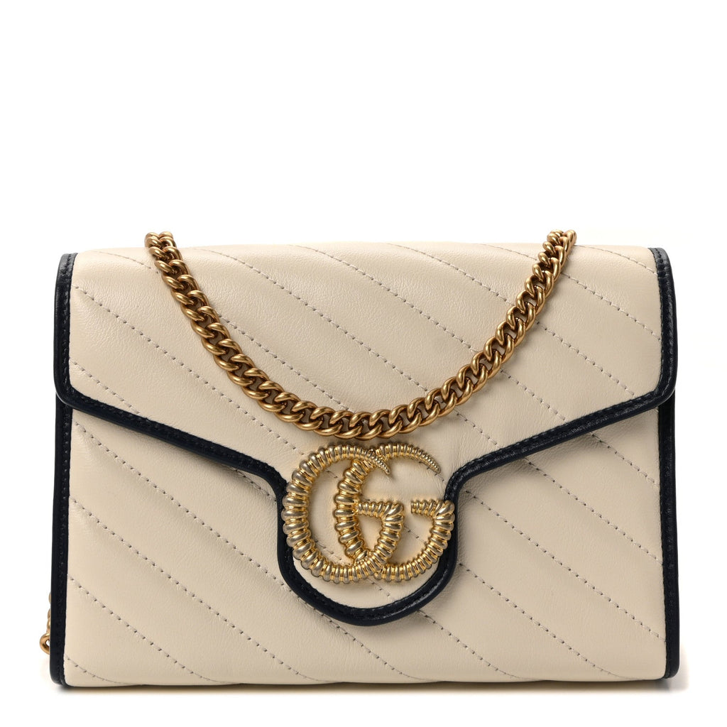 Gucci Vintage Effect Calfskin Matelasse Diagonal Torchon GG Marmont Chain Wallet Mystic White Blue Agata