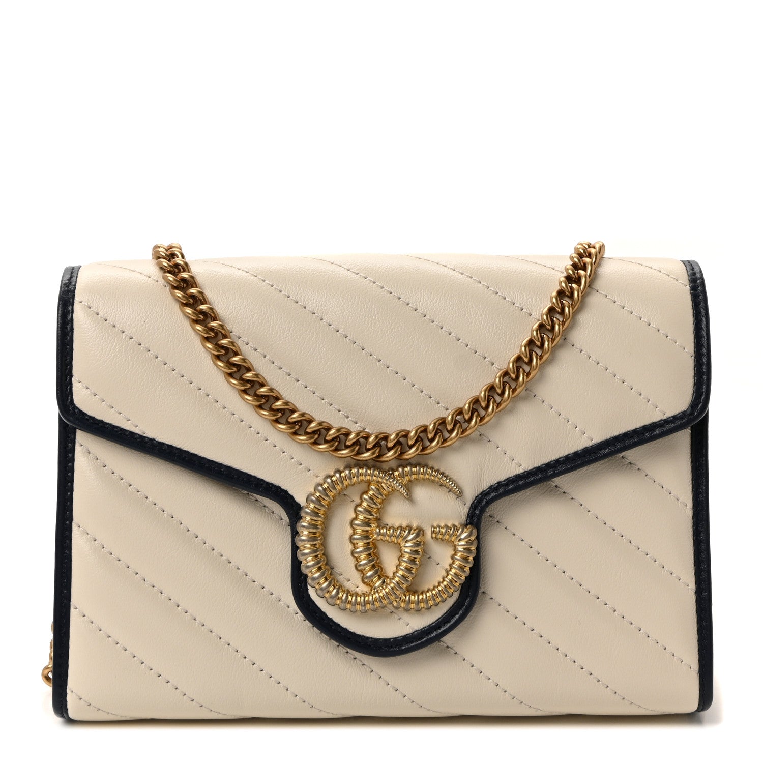 Gucci Vintage Effect Calfskin Matelasse Diagonal Torchon GG Marmont Chain Wallet Mystic White Blue Agata