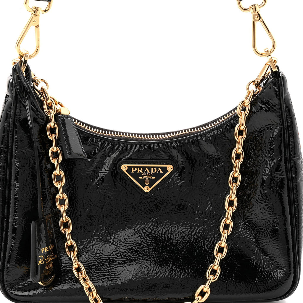 Prada Patent Naplak Re-Edition 2005 Shoulder Bag With Charm Black