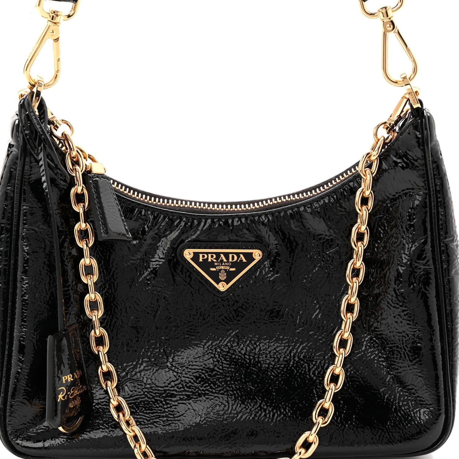 Prada Patent Naplak Re-Edition 2005 Shoulder Bag With Charm Black