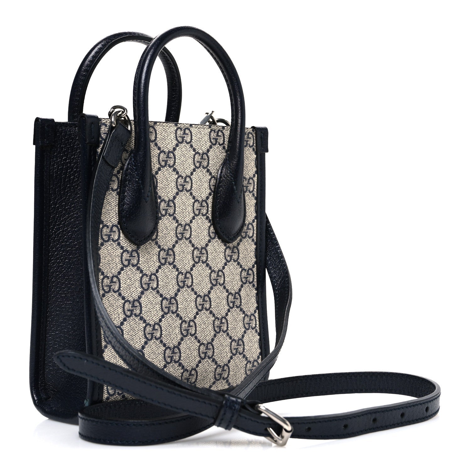 Gucci GG Supreme Monogram Textured Dollar Calfskin Mini Retro Interlocking G Tote Bag Beige Blue