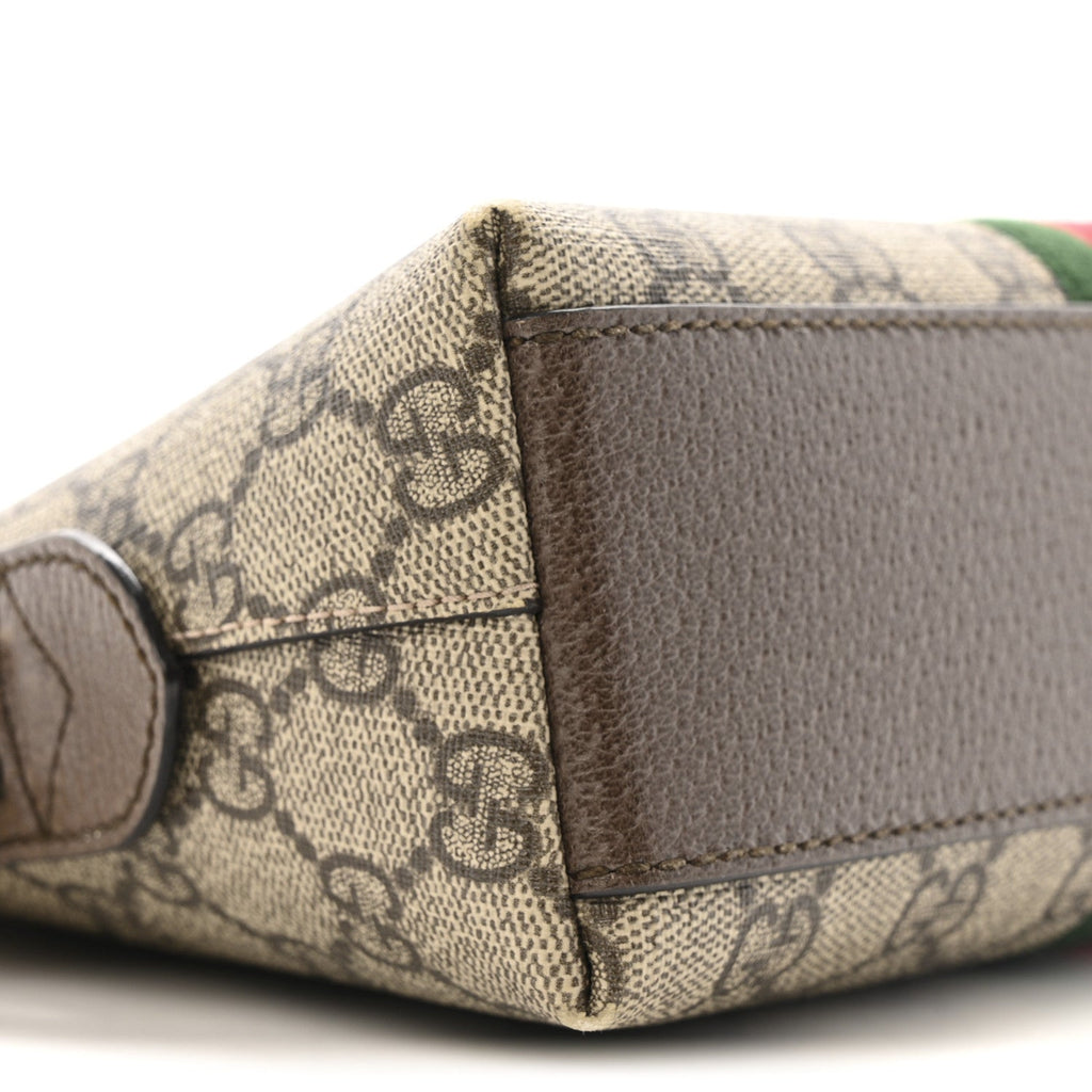 Gucci GG Supreme Monogram Textured Dollar Calfskin Web Small Ophidia Dome Shoulder Bag Beige Ebony New Acero