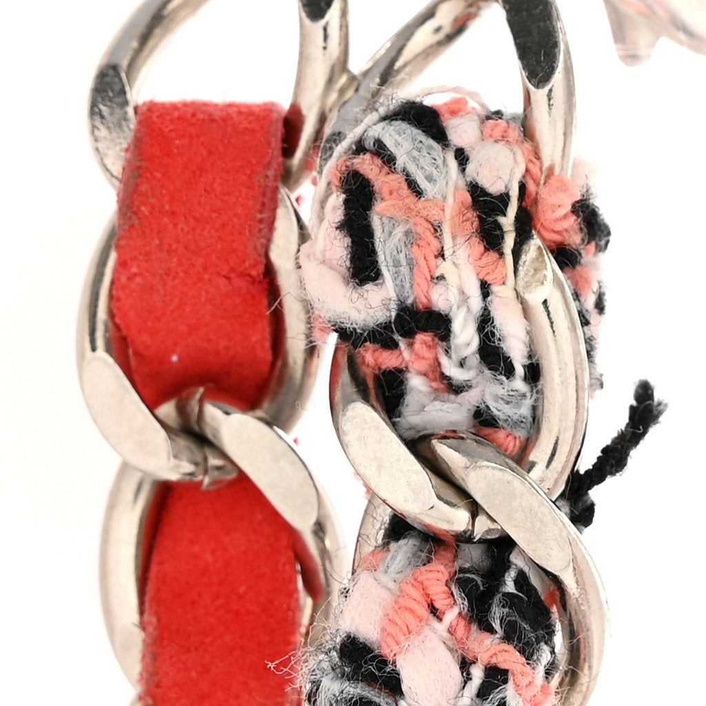 Metal Tweed Suede Chain CC Clover Necklace Silver Pink