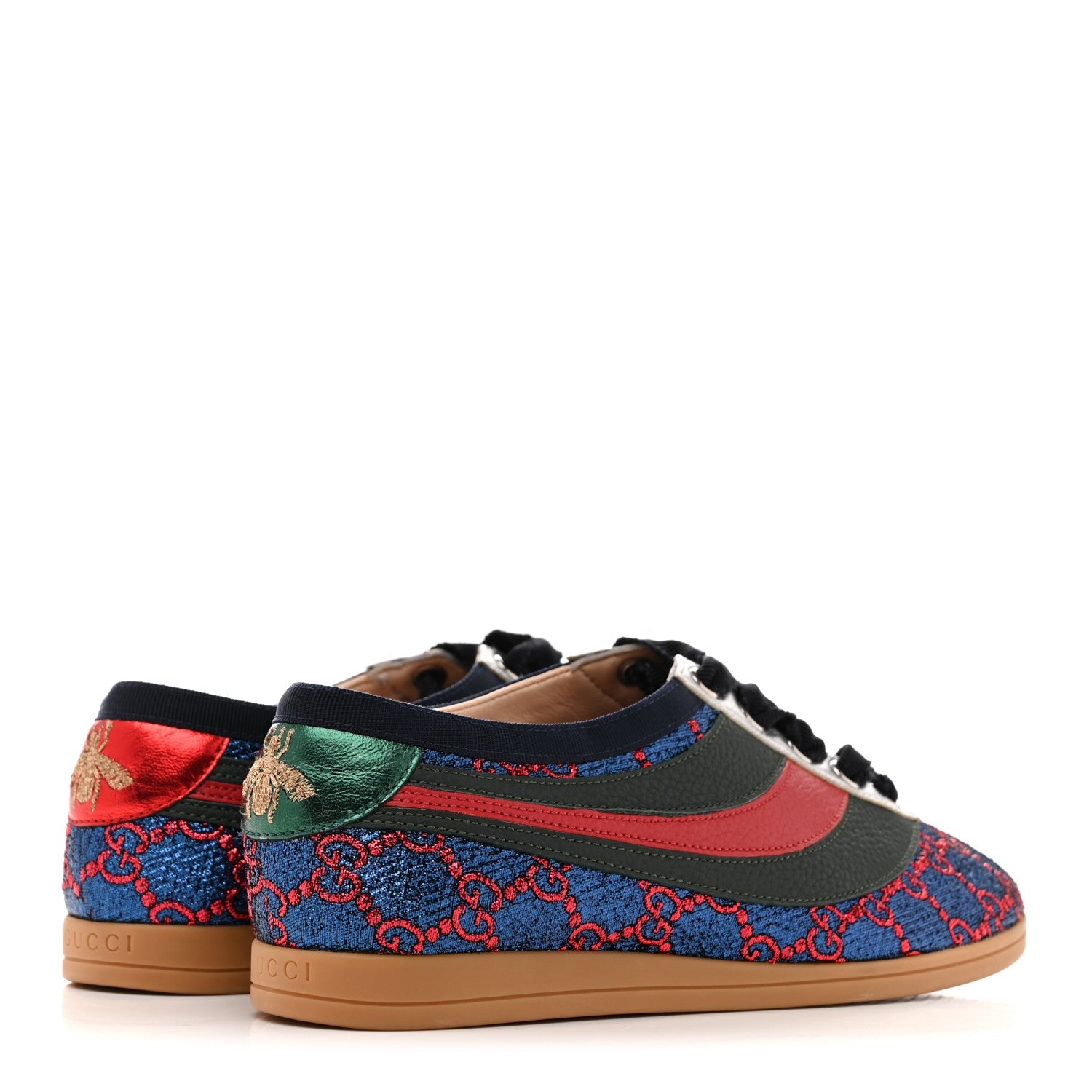 Gucci Lurex Calfskin Web GG Monogram Womens Falacer Sneakers 35.5 Iridescent Blue Iridescent Red Silver