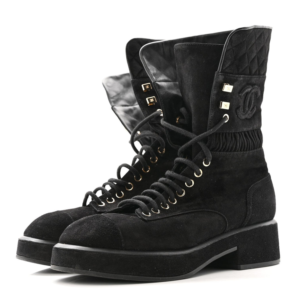 Chanel Suede Quilted Lace Up Combat Boots 38.5 Black