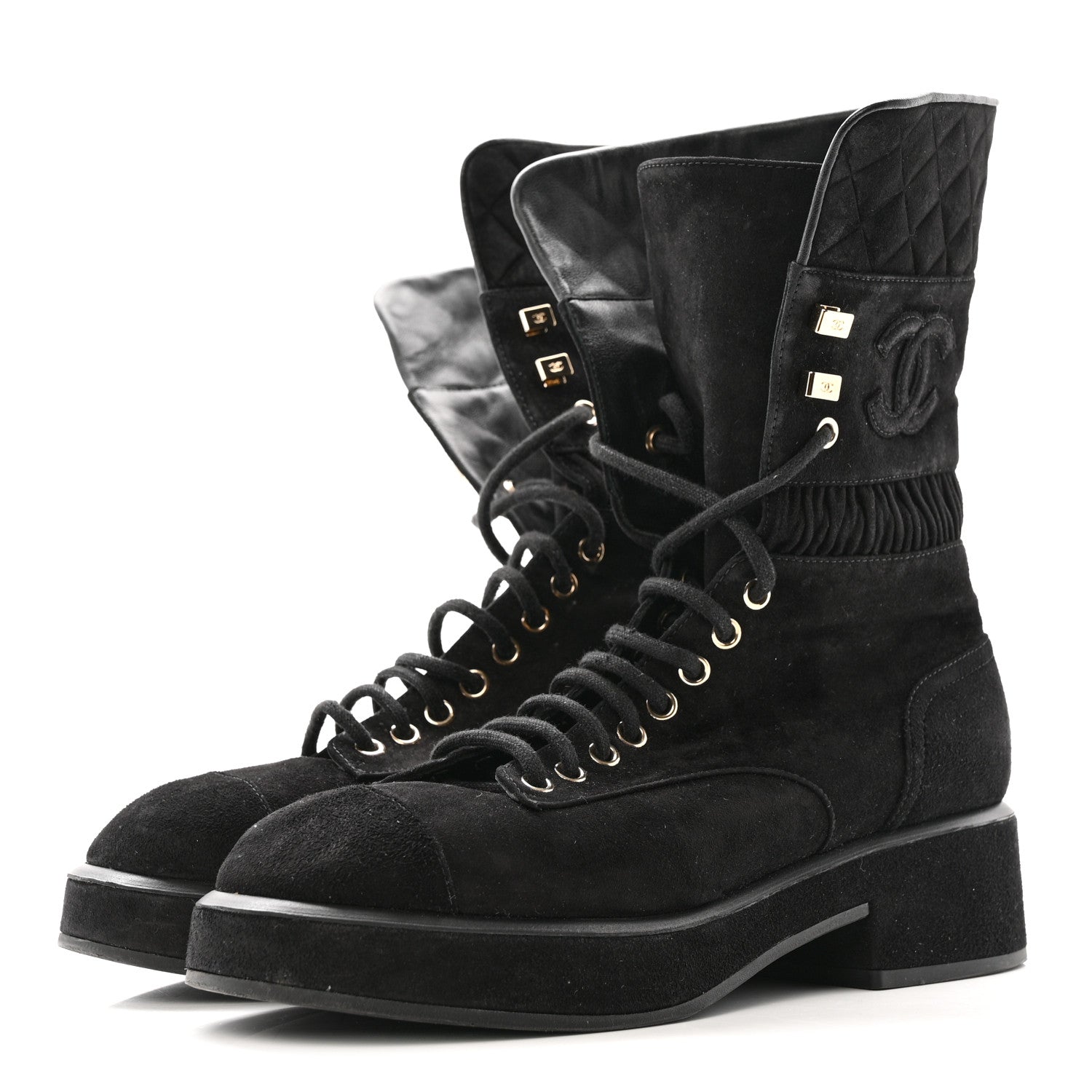 Chanel Suede Quilted Lace Up Combat Boots 38.5 Black