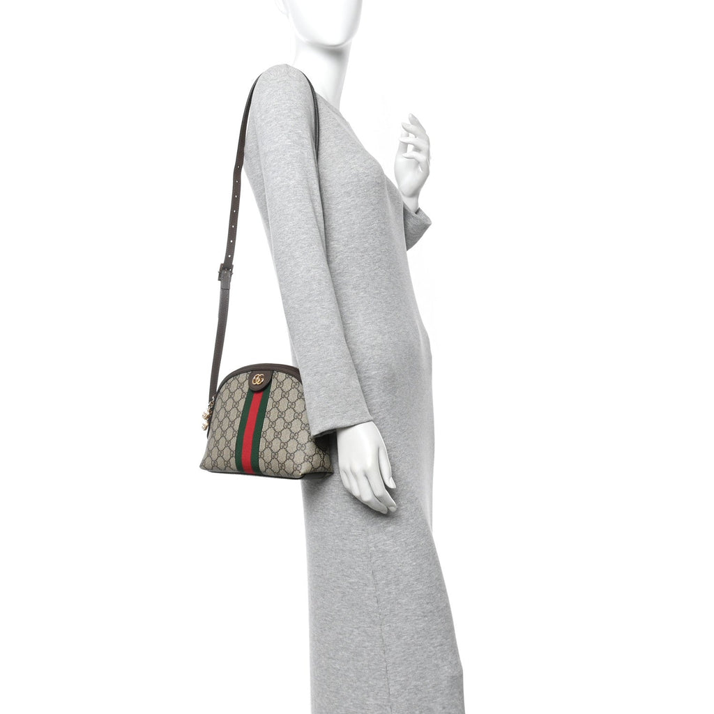Gucci GG Supreme Monogram Textured Dollar Calfskin Web Small Ophidia Dome Shoulder Bag Beige Ebony New Acero