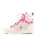 Louis Vuitton Calfskin Nylon Mesh Monogram Womens Boombox High Top Sneakers 39 White Pink