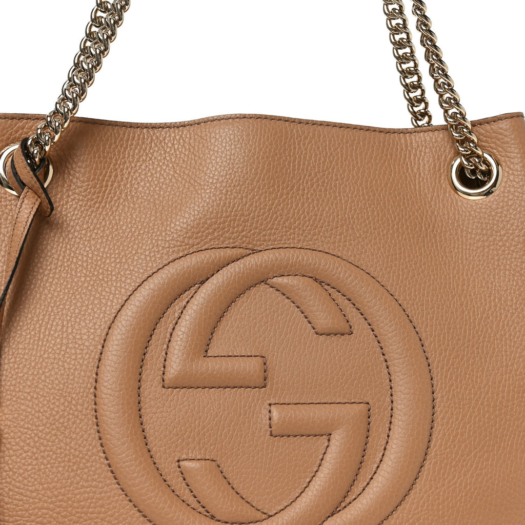 Gucci Pebbled Calfskin Medium Soho Chain Shoulder Bag Camelia