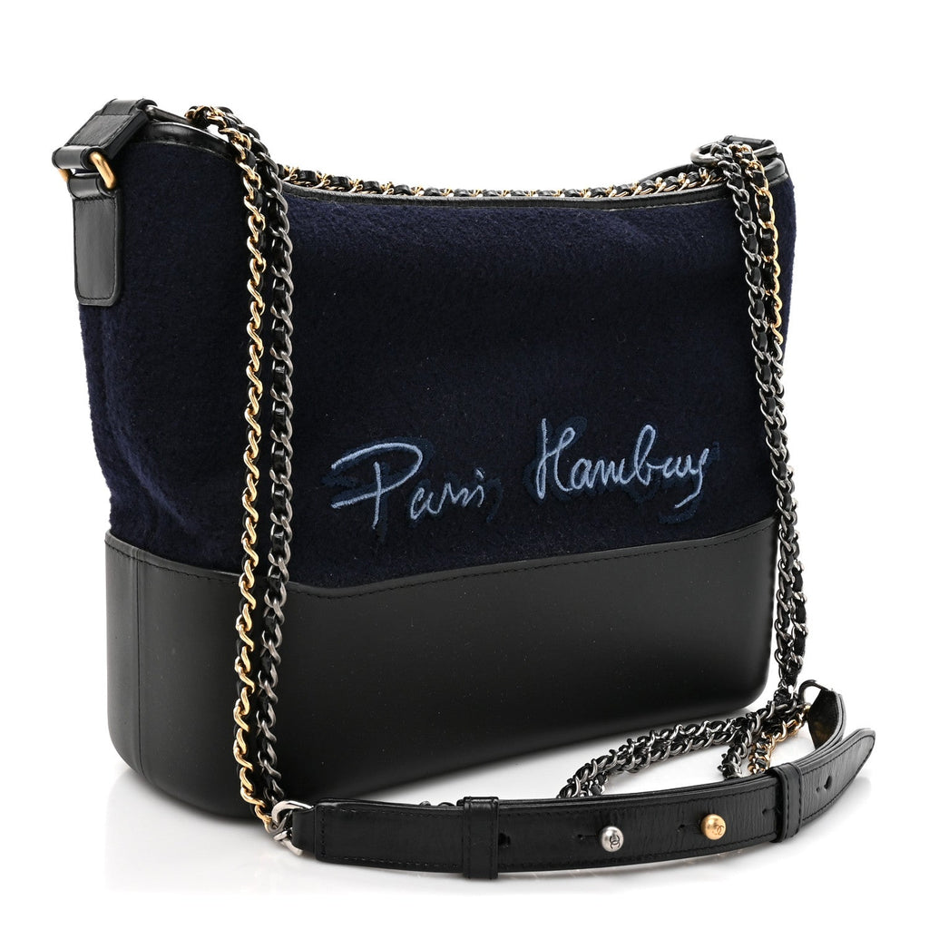Chanel Calfskin Wool Embroidered Paris Hamburg Medium Gabrielle Hobo Dark Navy Blue