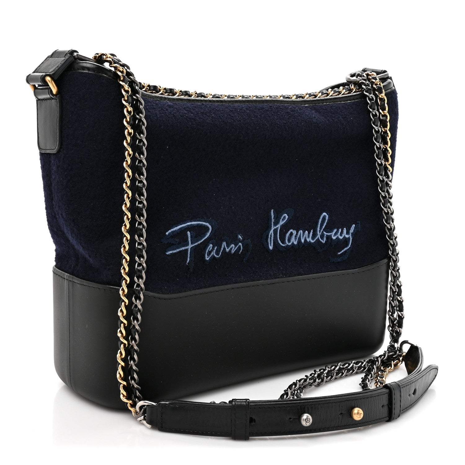 Chanel Calfskin Wool Embroidered Paris Hamburg Medium Gabrielle Hobo Dark Navy Blue