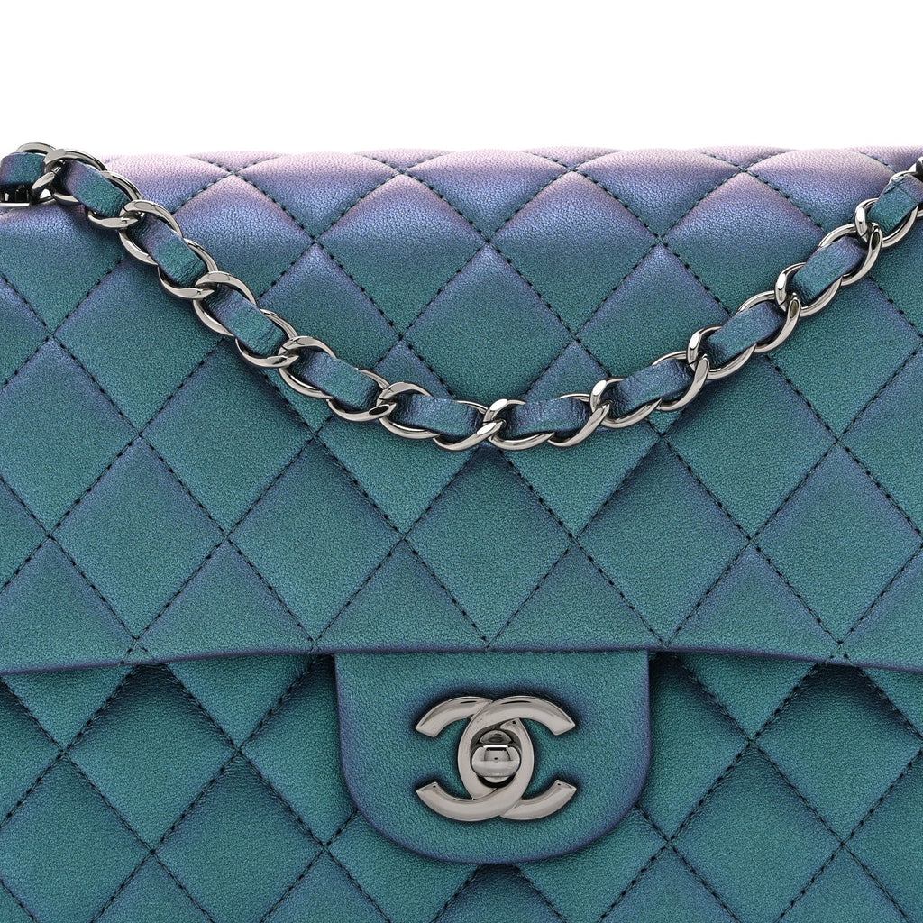 Chanel Iridescent Lambskin Quilted Medium Double Flap Turquoise