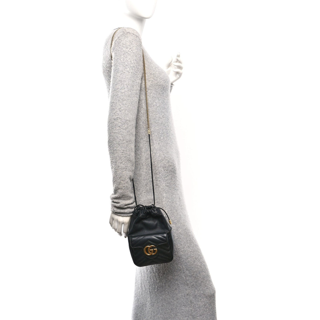 Gucci Calfskin Matelasse Front Pocket Mini GG Marmont Bucket Bag Black