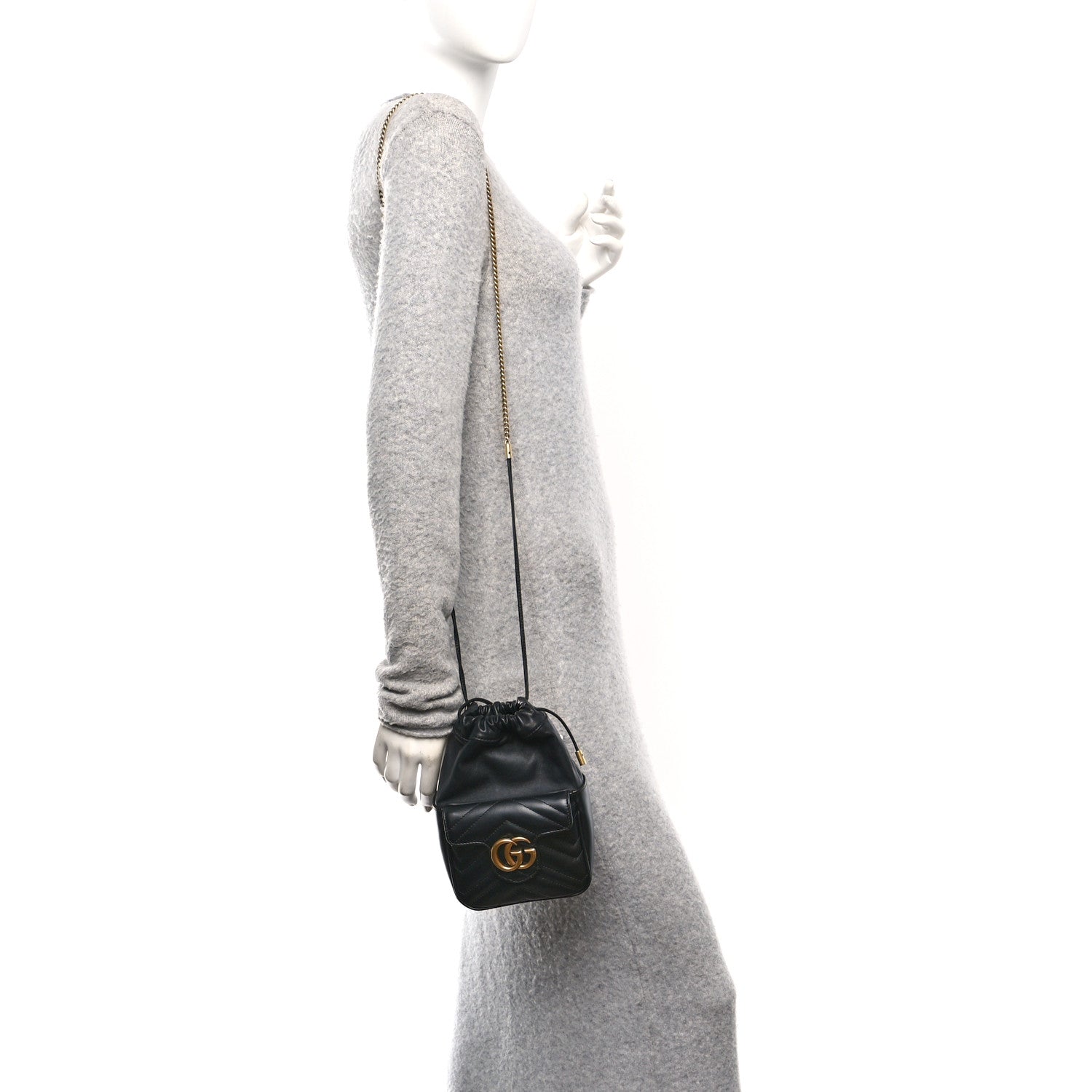 Gucci Calfskin Matelasse Front Pocket Mini GG Marmont Bucket Bag Black