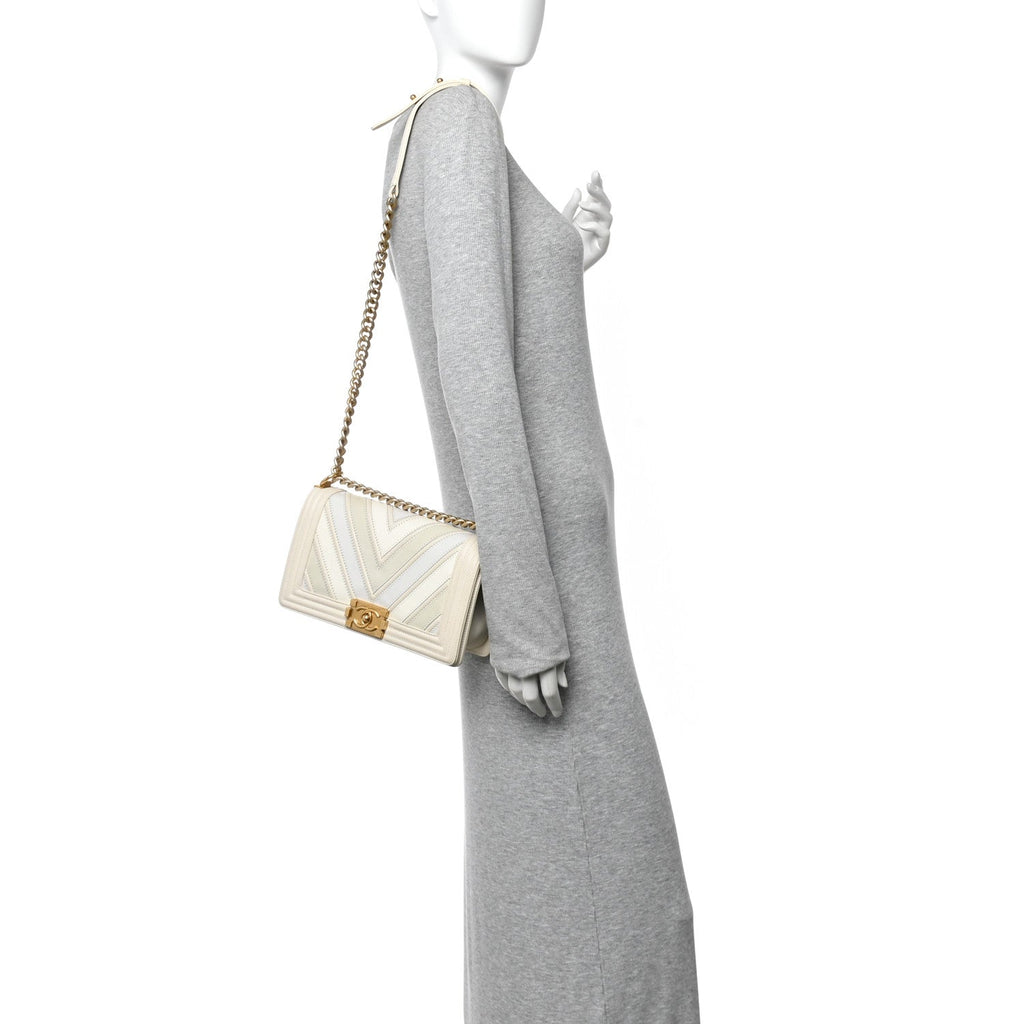 Chanel Caviar Suede Calfskin Chevron Medium Boy Flap White
