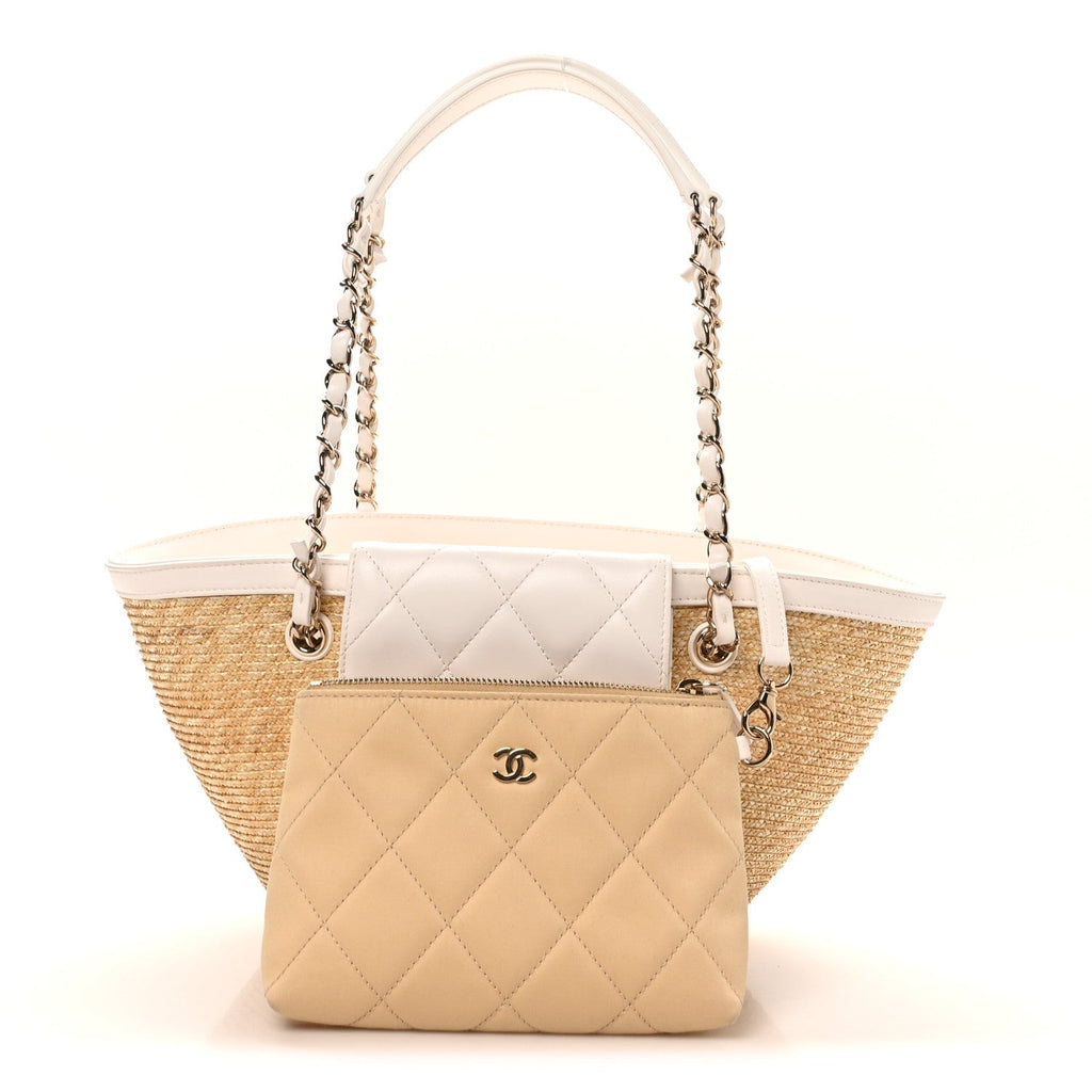 Chanel Raffia Braided Lambskin Small Shopping Tote Beige White