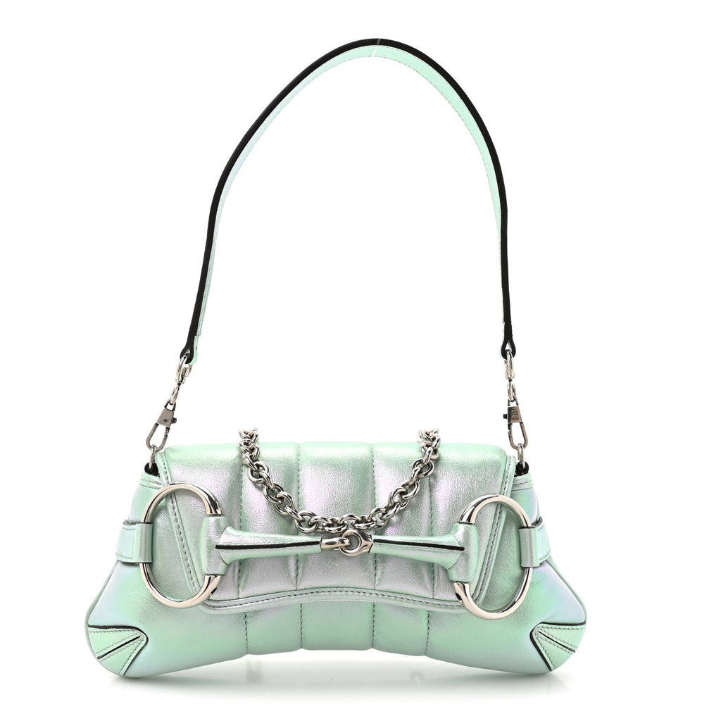 Gucci Iridescent Nappa Vertical Matelasse Small Maxi Horsebit Chain Shoulder Bag Iridescent Salvy Green