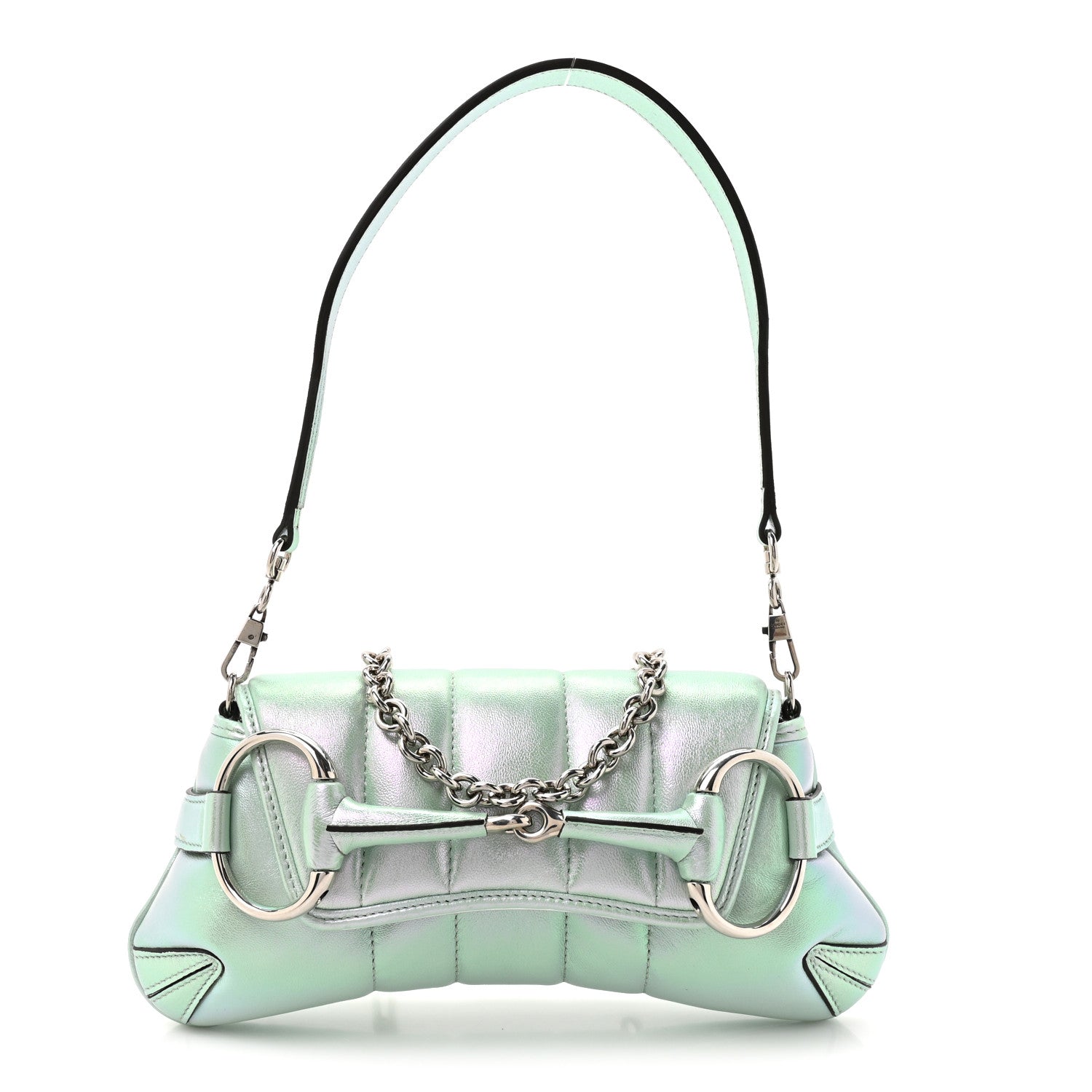 Gucci Iridescent Nappa Vertical Matelasse Small Maxi Horsebit Chain Shoulder Bag Iridescent Salvy Green