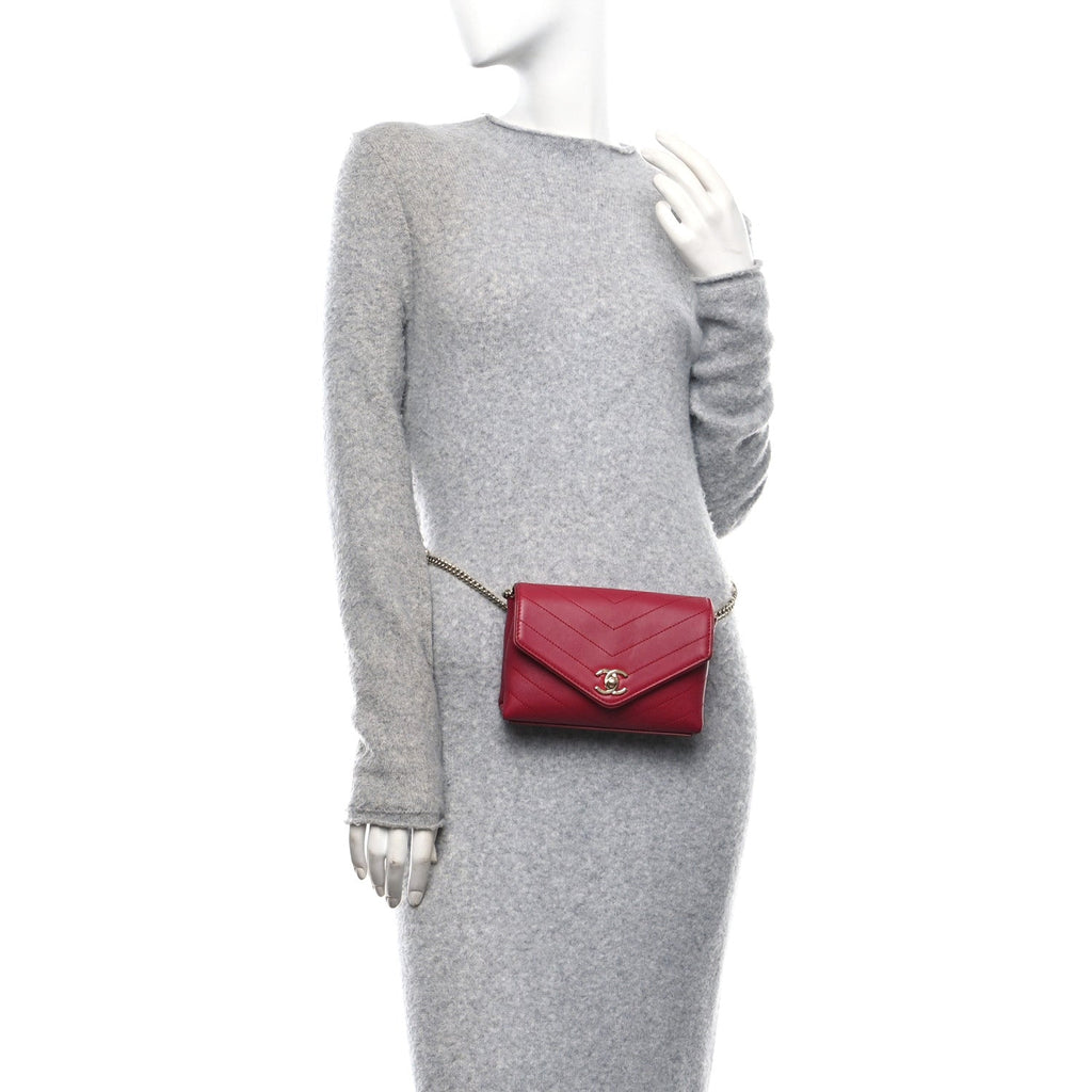 Chanel Calfskin Chevron Stitched Coco Waist Bag Red