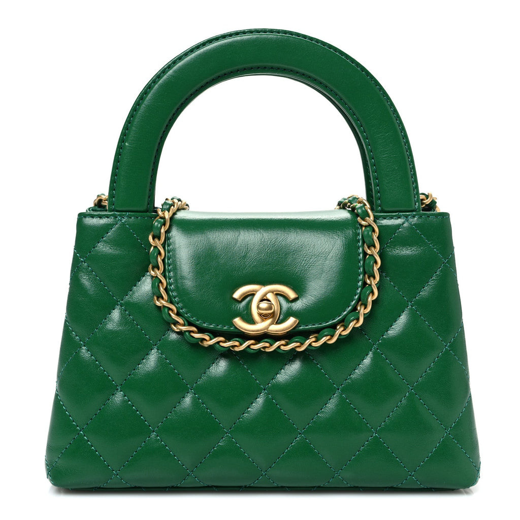 Chanel Shiny Aged Calfskin Quilted Nano Kelly Shopper Green