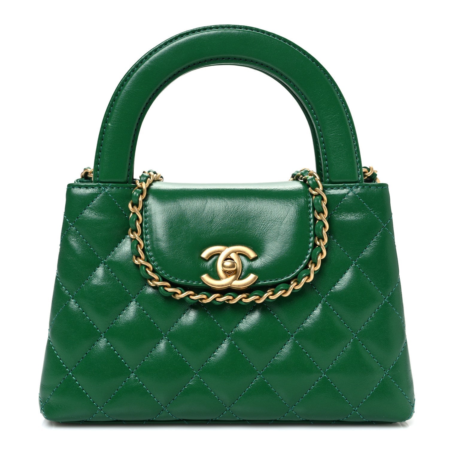 Chanel Shiny Aged Calfskin Quilted Nano Kelly Shopper Green